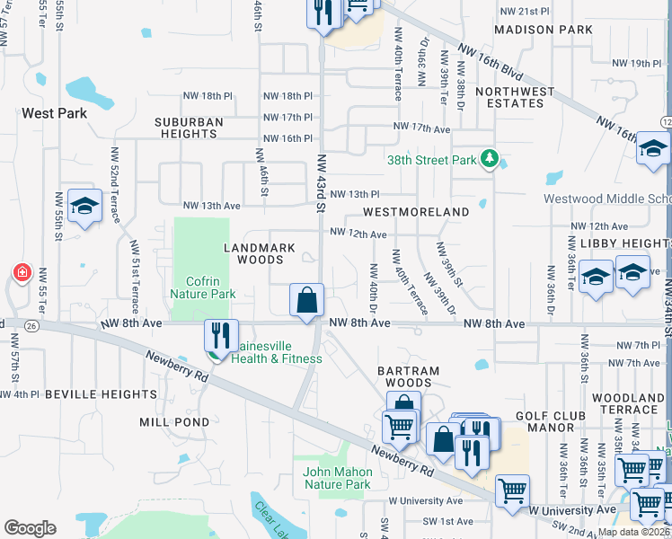 map of restaurants, bars, coffee shops, grocery stores, and more near 4308 Northwest 10th Place in Gainesville