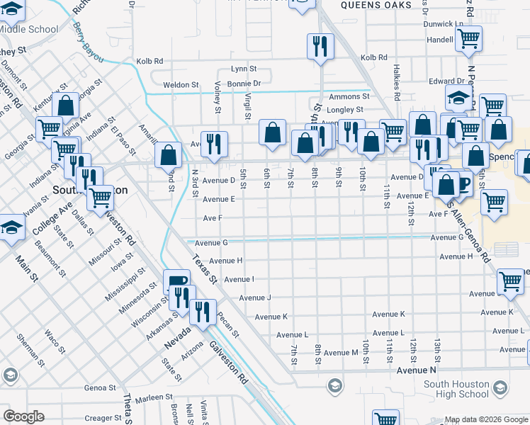 map of restaurants, bars, coffee shops, grocery stores, and more near 604 Avenue East in South Houston