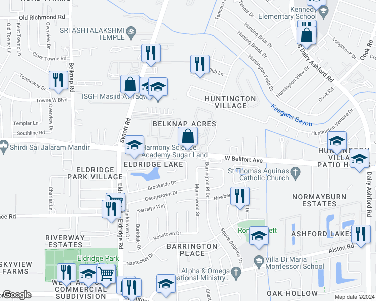 map of restaurants, bars, coffee shops, grocery stores, and more near 13100 West Bellfort Avenue in Houston