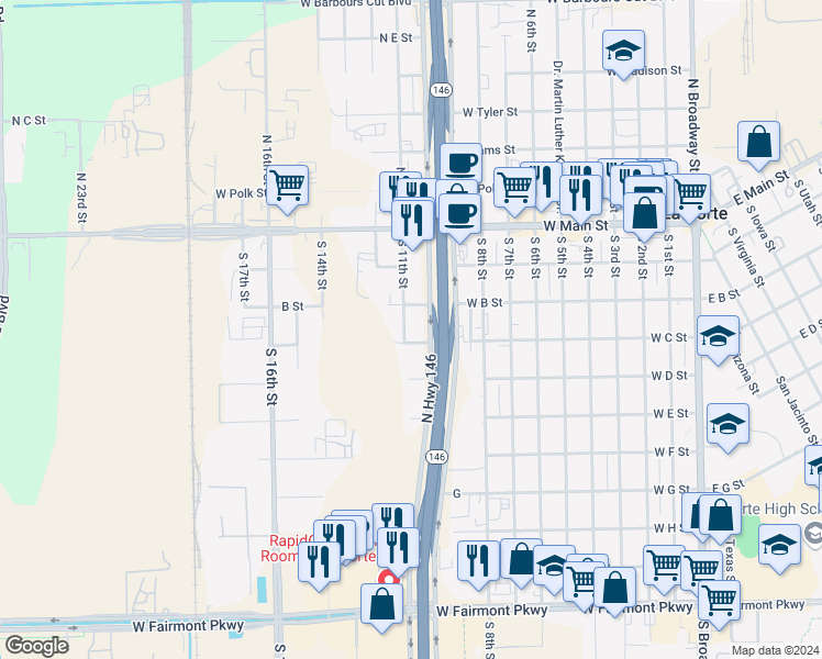 map of restaurants, bars, coffee shops, grocery stores, and more near 321 South 11th Street in La Porte