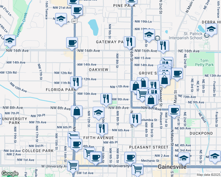 map of restaurants, bars, coffee shops, grocery stores, and more near 831 Northwest 11th Avenue in Gainesville