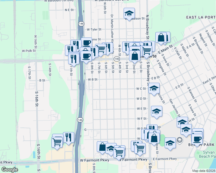 map of restaurants, bars, coffee shops, grocery stores, and more near 302 South 5th Street in La Porte