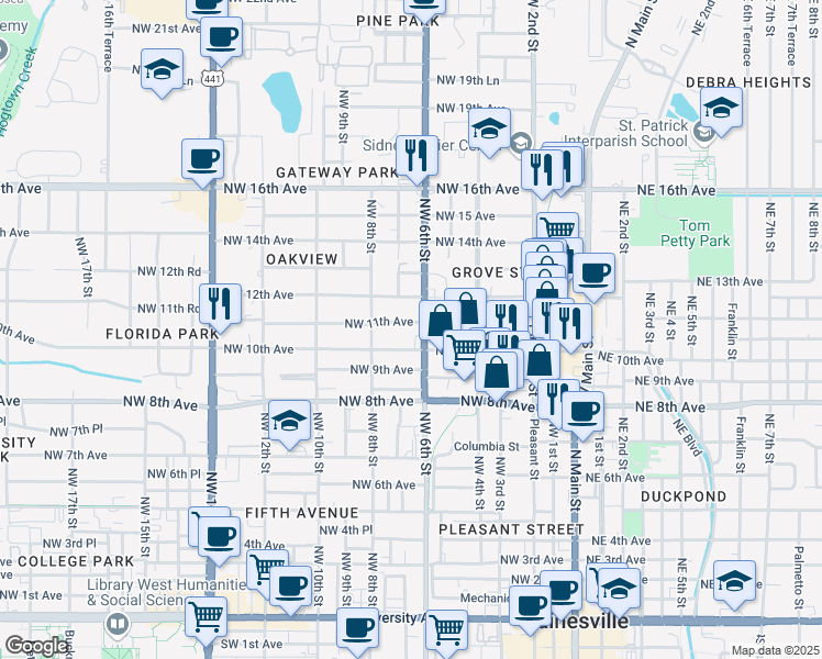 map of restaurants, bars, coffee shops, grocery stores, and more near 615 Northwest 11th Avenue in Gainesville