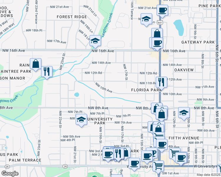 map of restaurants, bars, coffee shops, grocery stores, and more near 1824 Northwest 10th Avenue in Gainesville