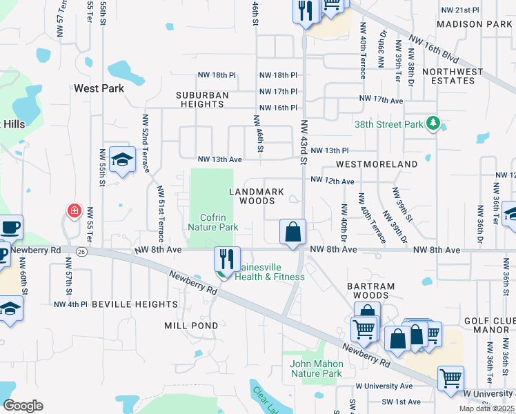 map of restaurants, bars, coffee shops, grocery stores, and more near 1012 Northwest 45th Terrace in Gainesville