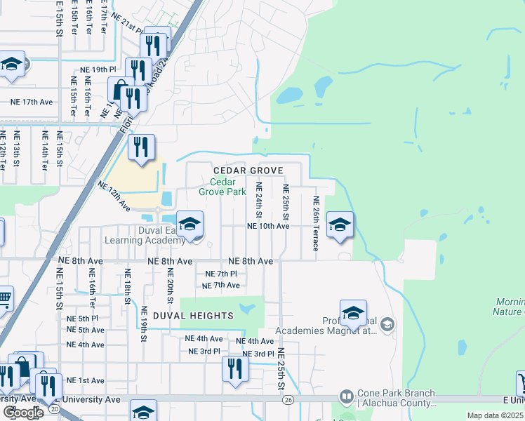 map of restaurants, bars, coffee shops, grocery stores, and more near 1120 Northeast 24th Terrace in Gainesville