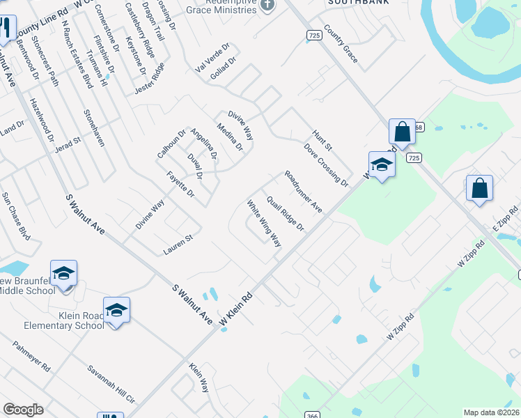 map of restaurants, bars, coffee shops, grocery stores, and more near 2402 Quail Ridge Drive in New Braunfels