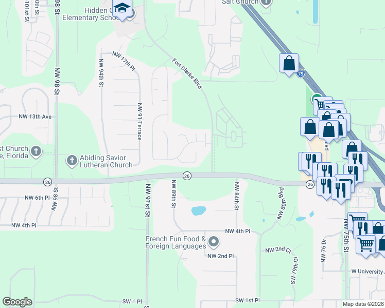 map of restaurants, bars, coffee shops, grocery stores, and more near 8727 Northwest 10th Place in Gainesville