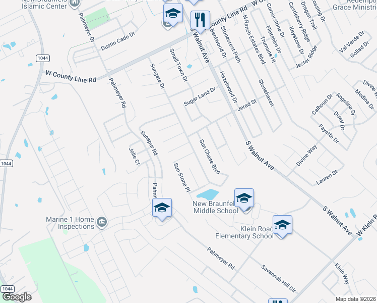 map of restaurants, bars, coffee shops, grocery stores, and more near 2217 Sungate Drive in New Braunfels