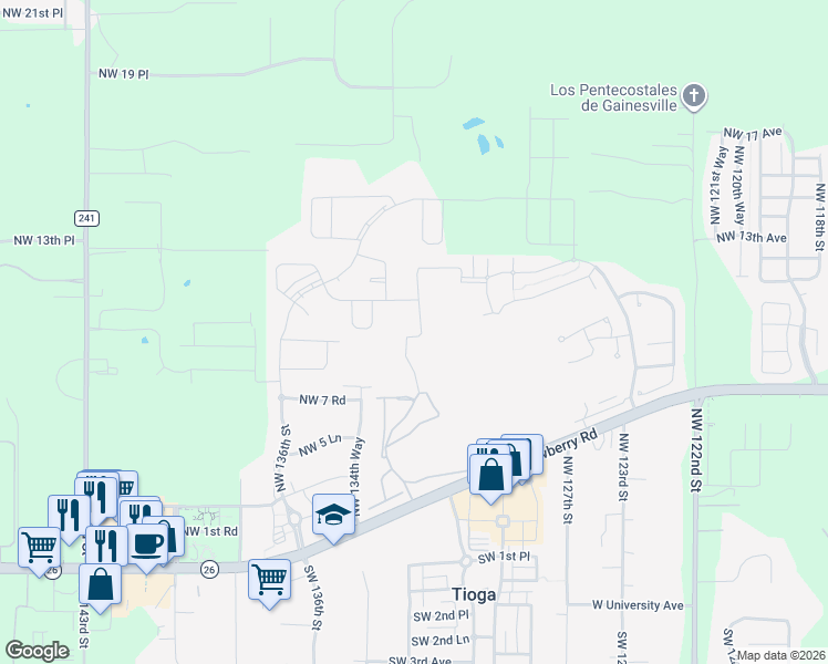 map of restaurants, bars, coffee shops, grocery stores, and more near 13315 Northwest 11th Place in Newberry