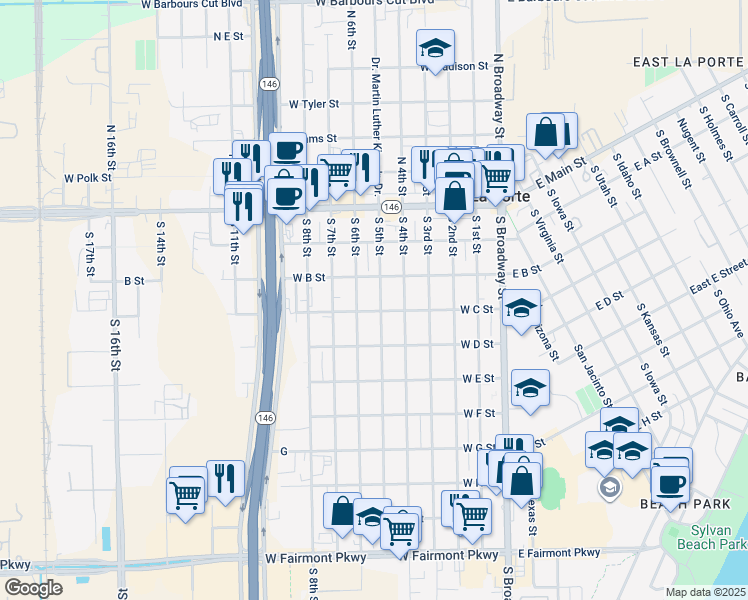 map of restaurants, bars, coffee shops, grocery stores, and more near 302 South 5th Street in La Porte