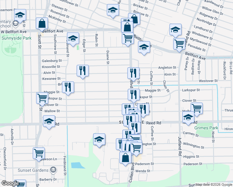 map of restaurants, bars, coffee shops, grocery stores, and more near 4611 Maggie Street in Houston