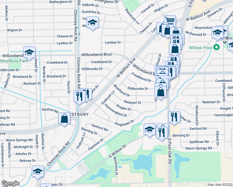 map of restaurants, bars, coffee shops, grocery stores, and more near 5218 Briarbend Drive in Houston