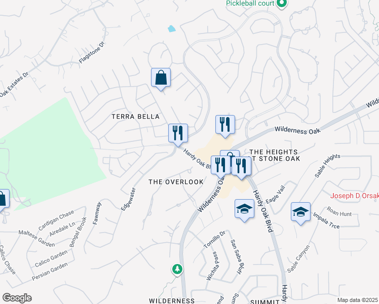 map of restaurants, bars, coffee shops, grocery stores, and more near 25218 Heights Boulevard in San Antonio