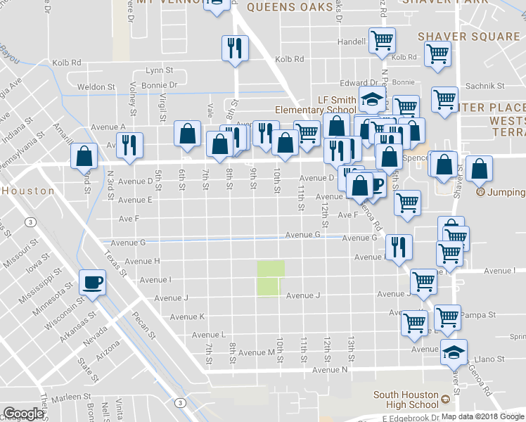 map of restaurants, bars, coffee shops, grocery stores, and more near 909 Avenue F in South Houston