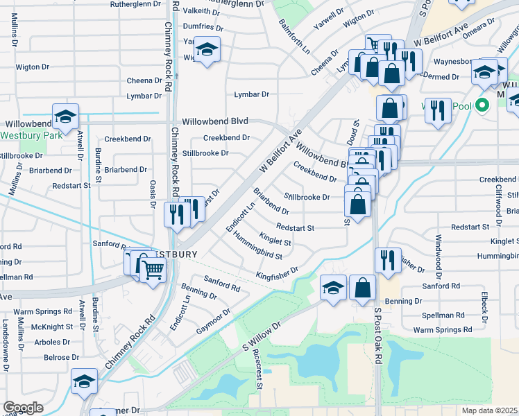 map of restaurants, bars, coffee shops, grocery stores, and more near 5218 Briarbend Drive in Houston