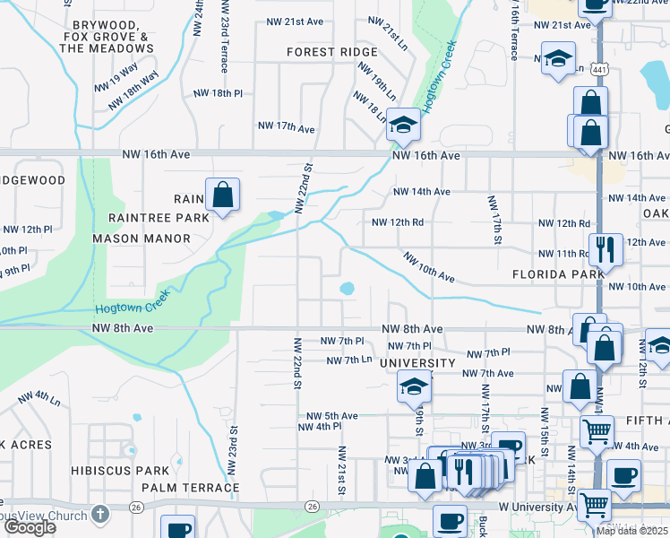map of restaurants, bars, coffee shops, grocery stores, and more near 1001-1099 Northwest 21st Street in Gainesville