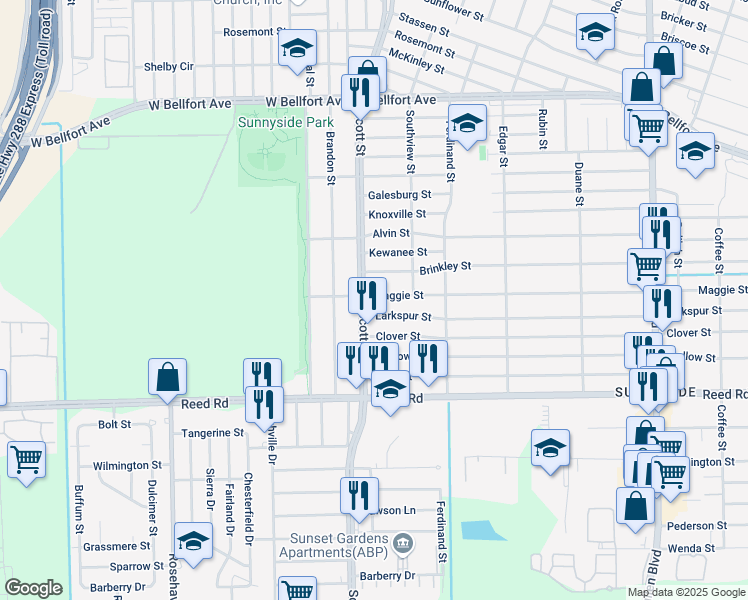 map of restaurants, bars, coffee shops, grocery stores, and more near 4119 Maggie Street in Houston