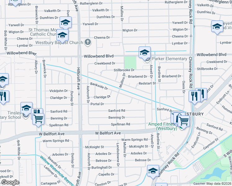map of restaurants, bars, coffee shops, grocery stores, and more near 5702 Bankside Drive in Houston