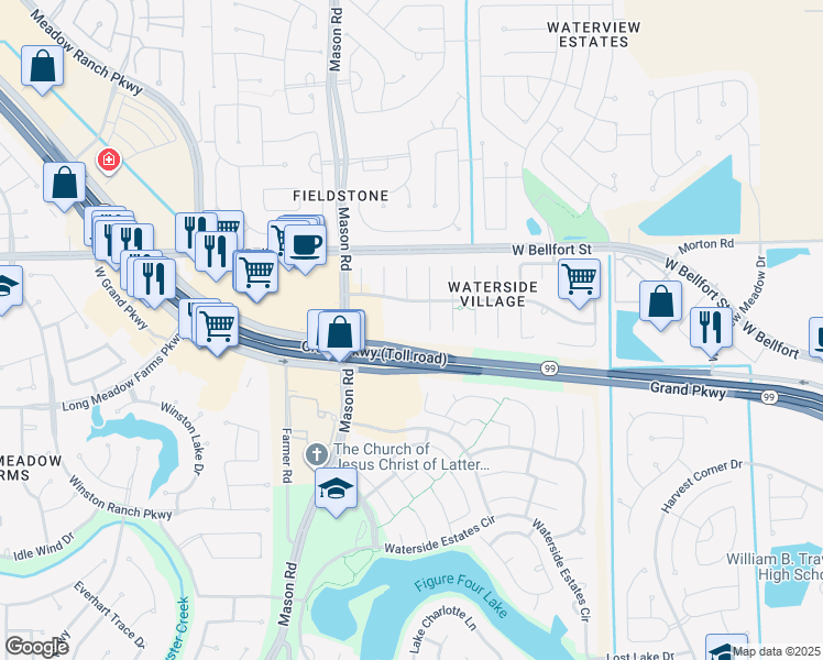 map of restaurants, bars, coffee shops, grocery stores, and more near 1901 Waterside Village Drive in Richmond