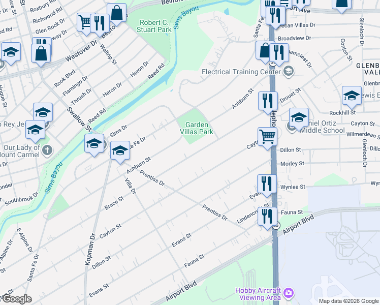 map of restaurants, bars, coffee shops, grocery stores, and more near 7357 Brace Street in Houston