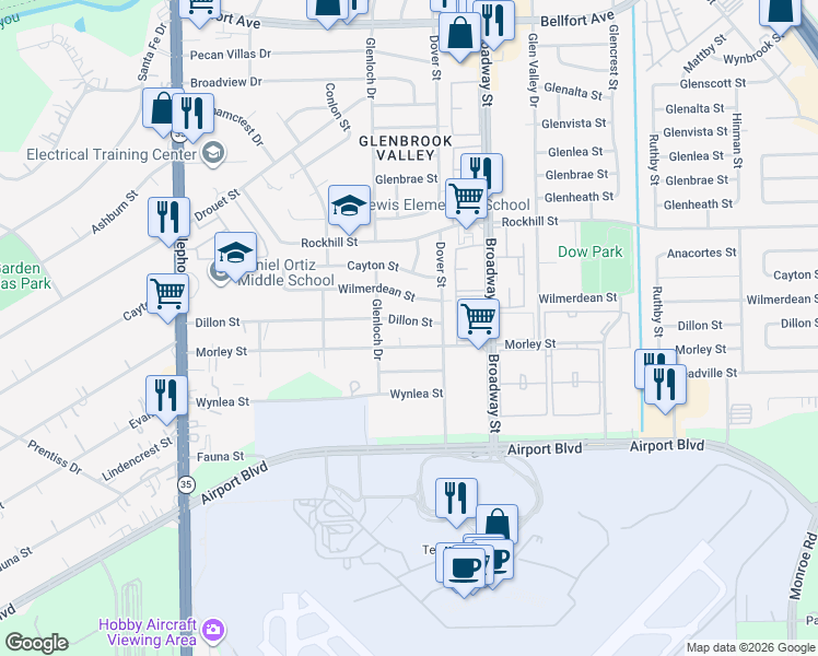 map of restaurants, bars, coffee shops, grocery stores, and more near 7719 Dillon Street in Houston