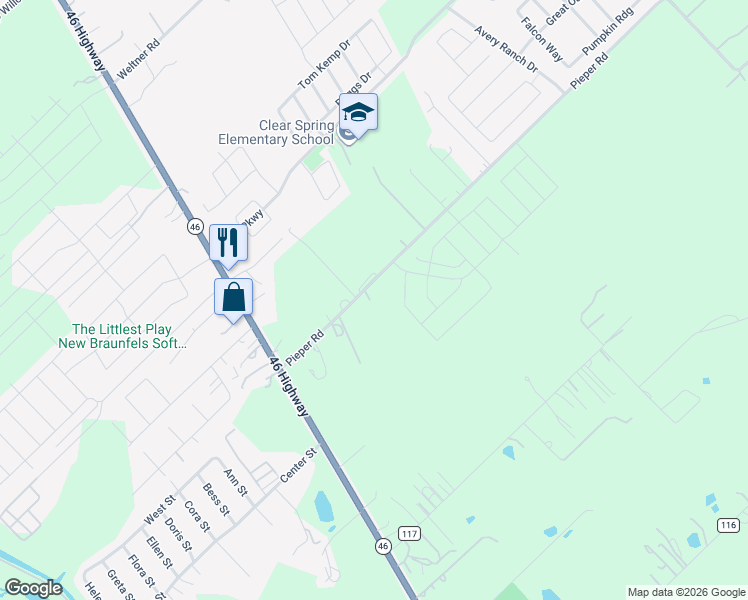 map of restaurants, bars, coffee shops, grocery stores, and more near 1244 Pieper Road in New Braunfels