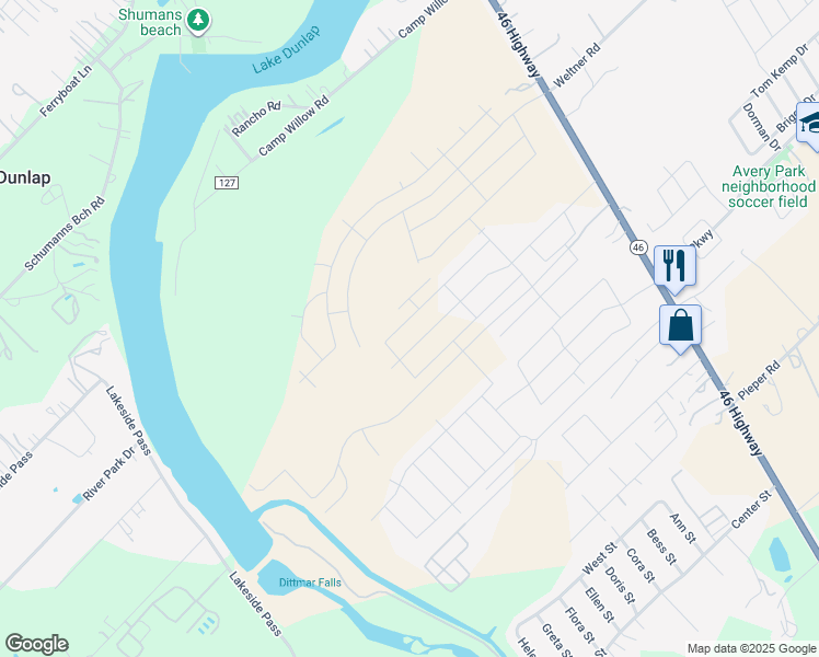 map of restaurants, bars, coffee shops, grocery stores, and more near 382 Grove Lane in New Braunfels