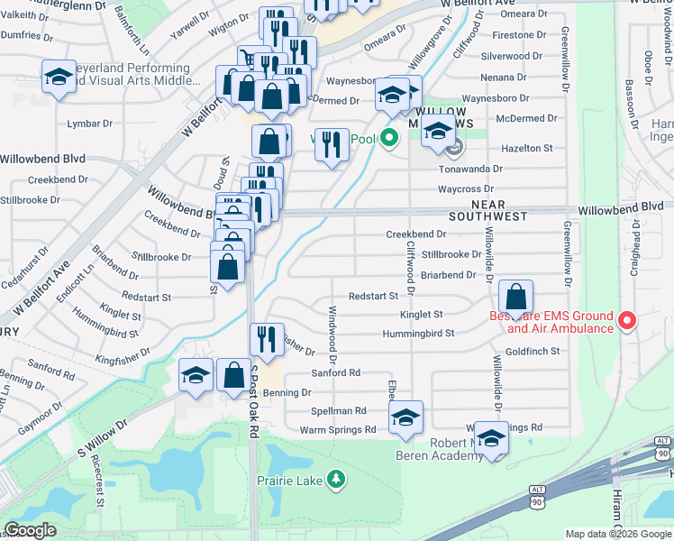 map of restaurants, bars, coffee shops, grocery stores, and more near 4815 Stillbrooke Drive in Houston