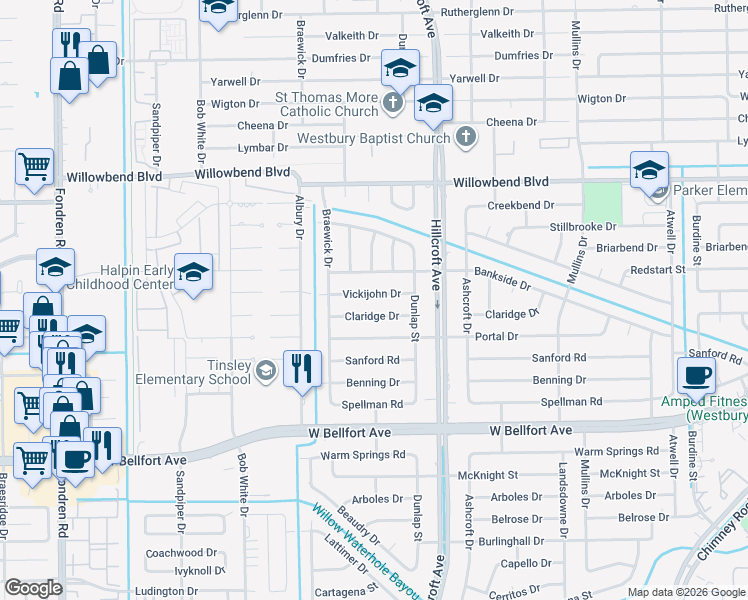 map of restaurants, bars, coffee shops, grocery stores, and more near 5938 Vickijohn Drive in Houston