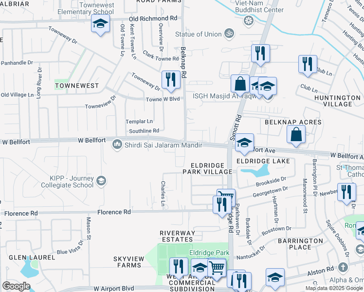 map of restaurants, bars, coffee shops, grocery stores, and more near 13701 West Bellfort Boulevard in Sugar Land
