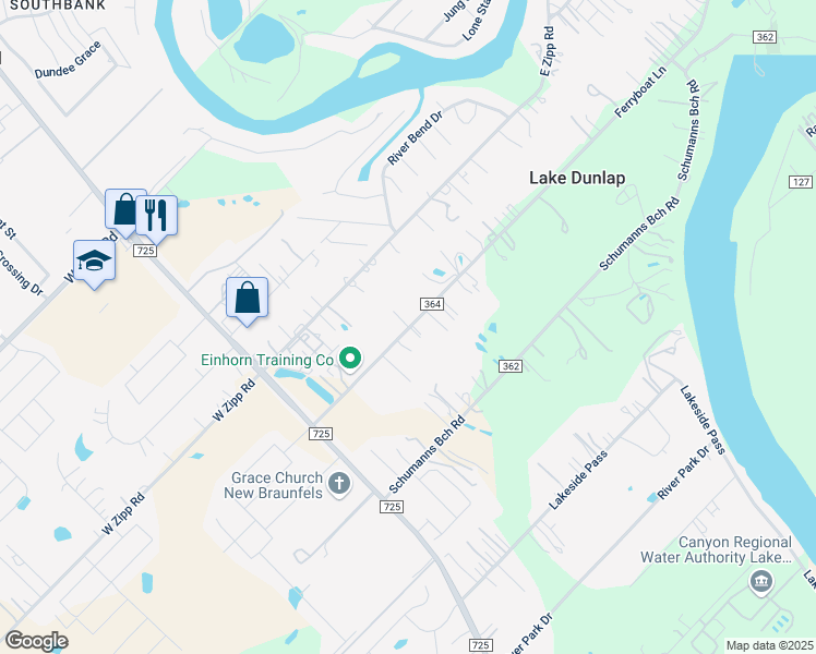 map of restaurants, bars, coffee shops, grocery stores, and more near 259 Ferry Boat Lane in New Braunfels