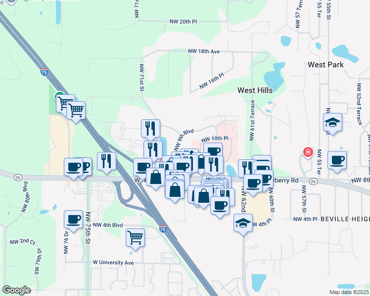 map of restaurants, bars, coffee shops, grocery stores, and more near 6801 Northwest 9 Boulevard in Gainesville