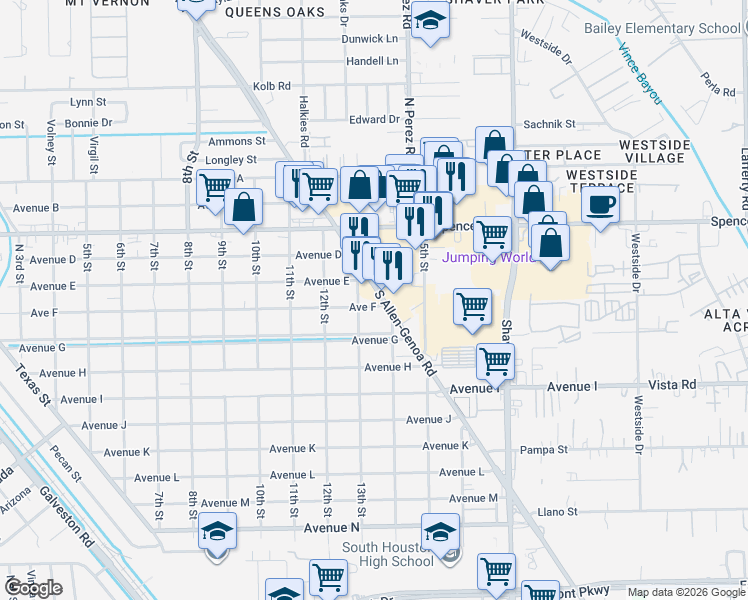 map of restaurants, bars, coffee shops, grocery stores, and more near 1304 Avenue East in South Houston