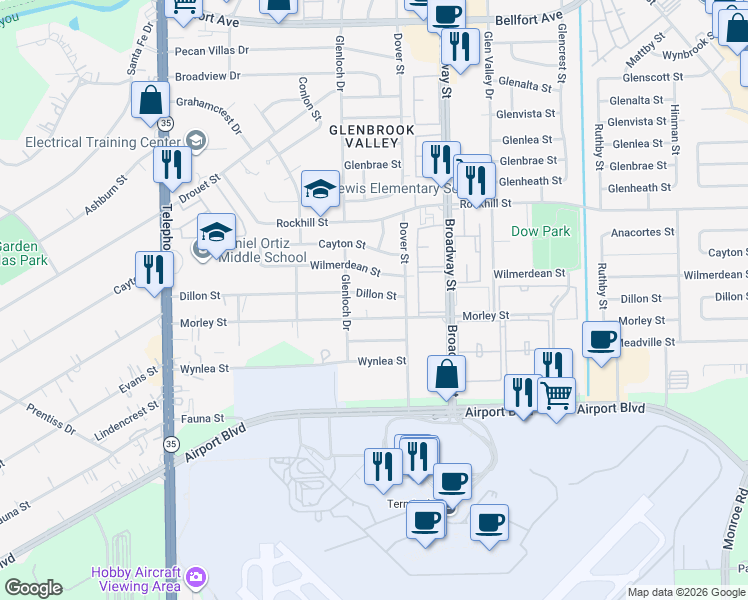 map of restaurants, bars, coffee shops, grocery stores, and more near 7719 Dillon Street in Houston