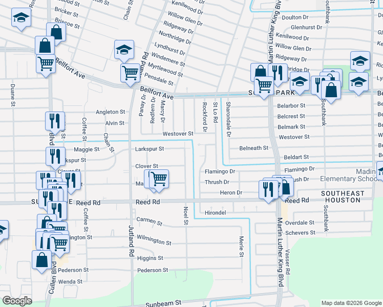 map of restaurants, bars, coffee shops, grocery stores, and more near 5161 Larkspur Street in Houston