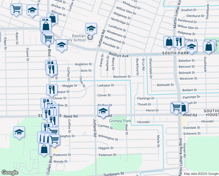 map of restaurants, bars, coffee shops, grocery stores, and more near 5019 Larkspur Street in Houston