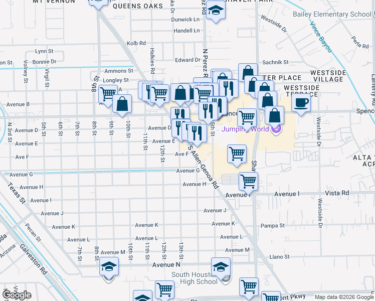 map of restaurants, bars, coffee shops, grocery stores, and more near 1304 Avenue East in South Houston