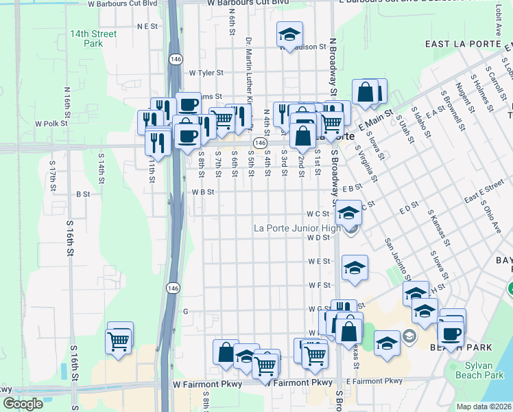 map of restaurants, bars, coffee shops, grocery stores, and more near 302 South 4th Street in La Porte