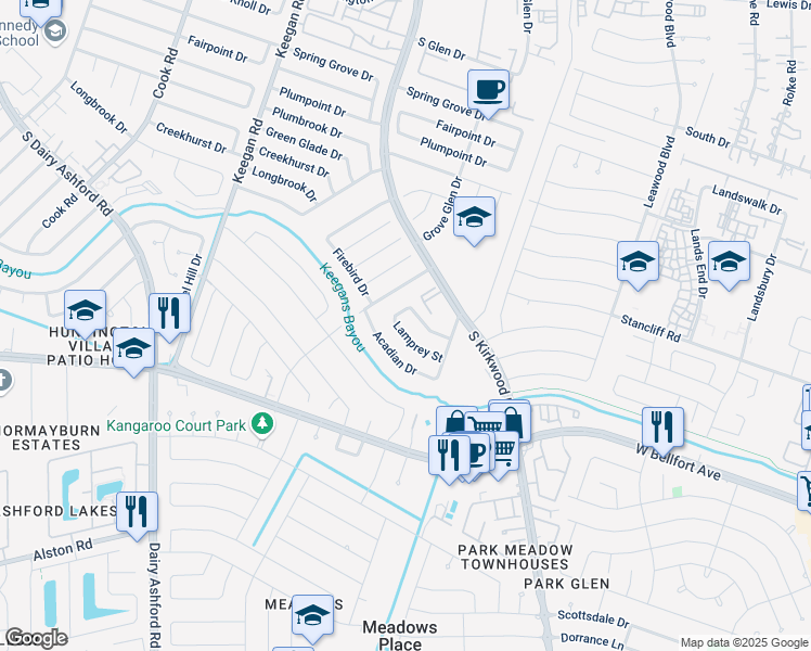 map of restaurants, bars, coffee shops, grocery stores, and more near 11830 Basilica Street in Houston