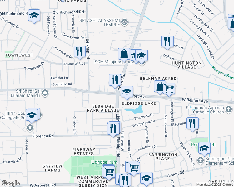 map of restaurants, bars, coffee shops, grocery stores, and more near West Bellfort Street & Synott Road in Houston