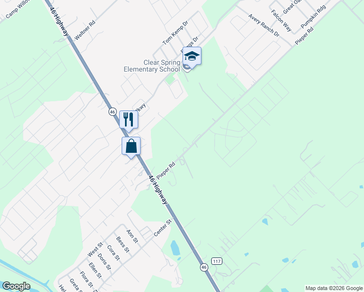 map of restaurants, bars, coffee shops, grocery stores, and more near 1221 Pieper Road in New Braunfels