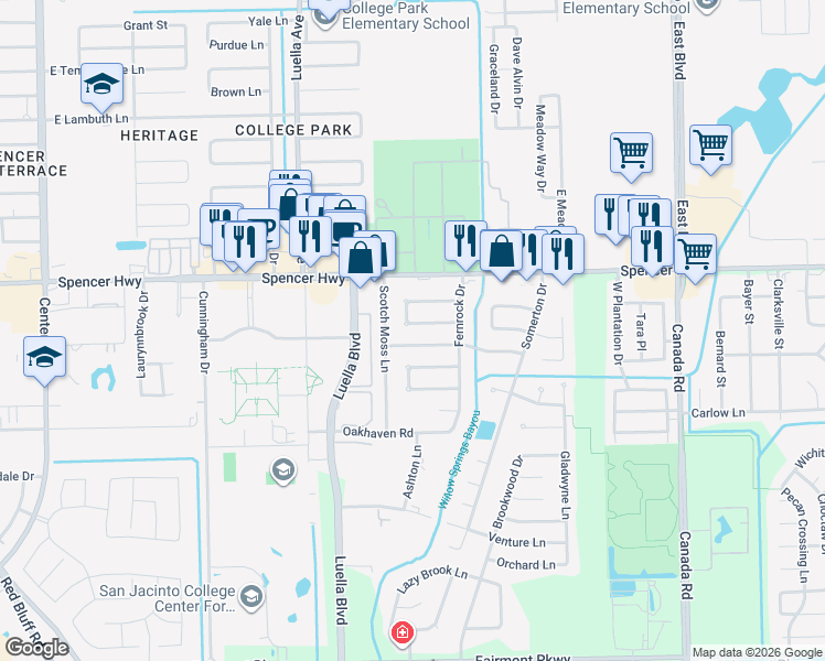map of restaurants, bars, coffee shops, grocery stores, and more near 3118 Ashton Lane in La Porte