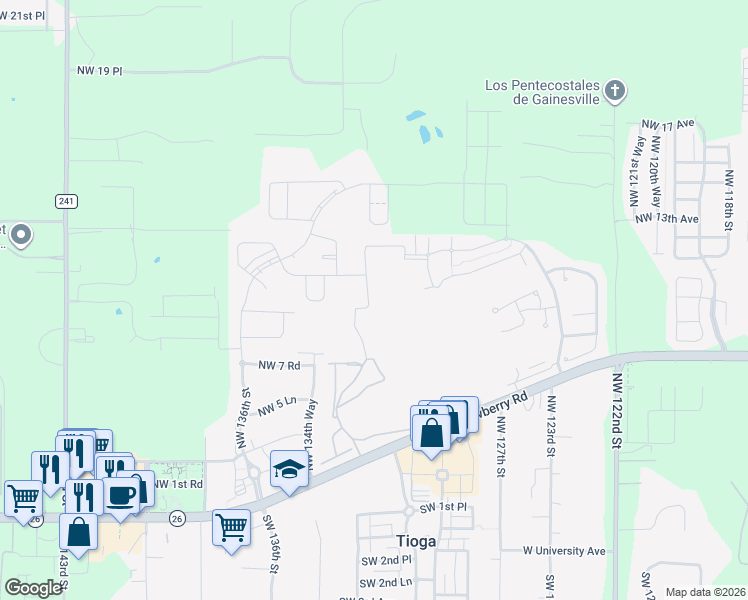 map of restaurants, bars, coffee shops, grocery stores, and more near 13315 Northwest 11th Place in Newberry