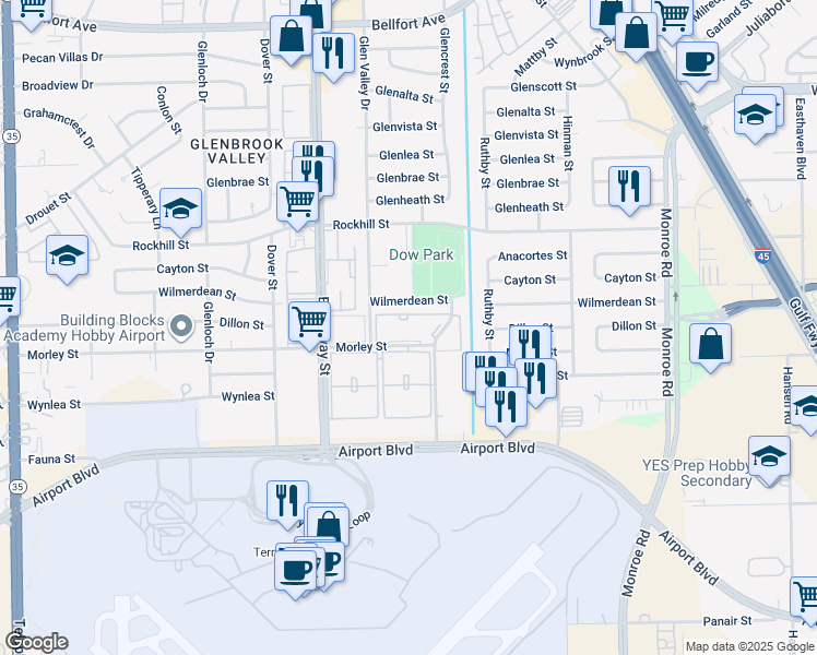 map of restaurants, bars, coffee shops, grocery stores, and more near 7900 Morley Street in Houston