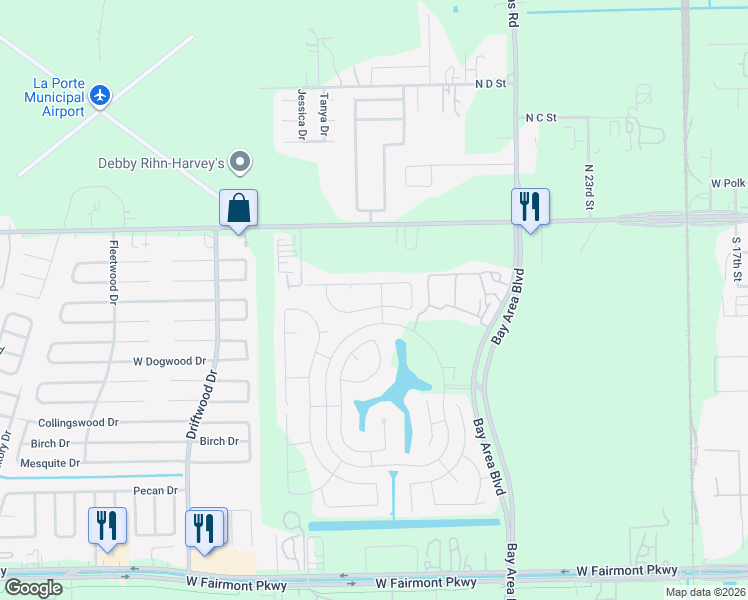 map of restaurants, bars, coffee shops, grocery stores, and more near 551 Winburn Tide Lane in La Porte