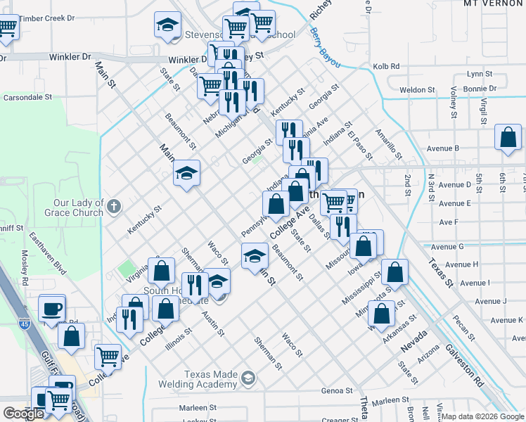 map of restaurants, bars, coffee shops, grocery stores, and more near 708 Indiana Street in South Houston