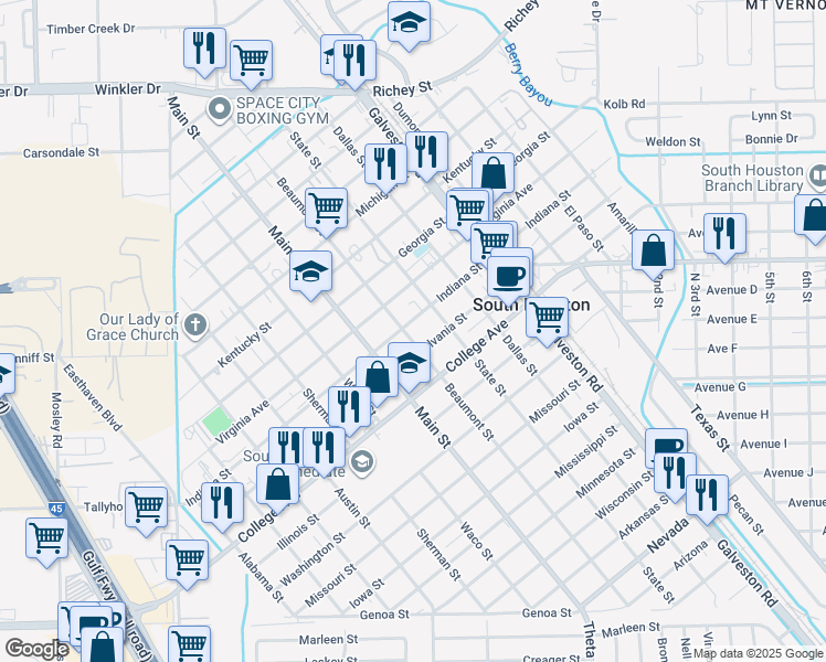 map of restaurants, bars, coffee shops, grocery stores, and more near 708 Indiana Street in South Houston