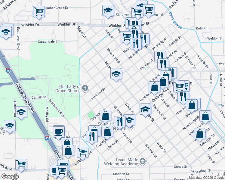 map of restaurants, bars, coffee shops, grocery stores, and more near 912 Georgia St in South Houston
