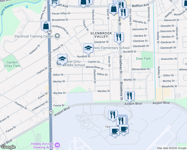 map of restaurants, bars, coffee shops, grocery stores, and more near 8714 Glenloch Drive in Houston